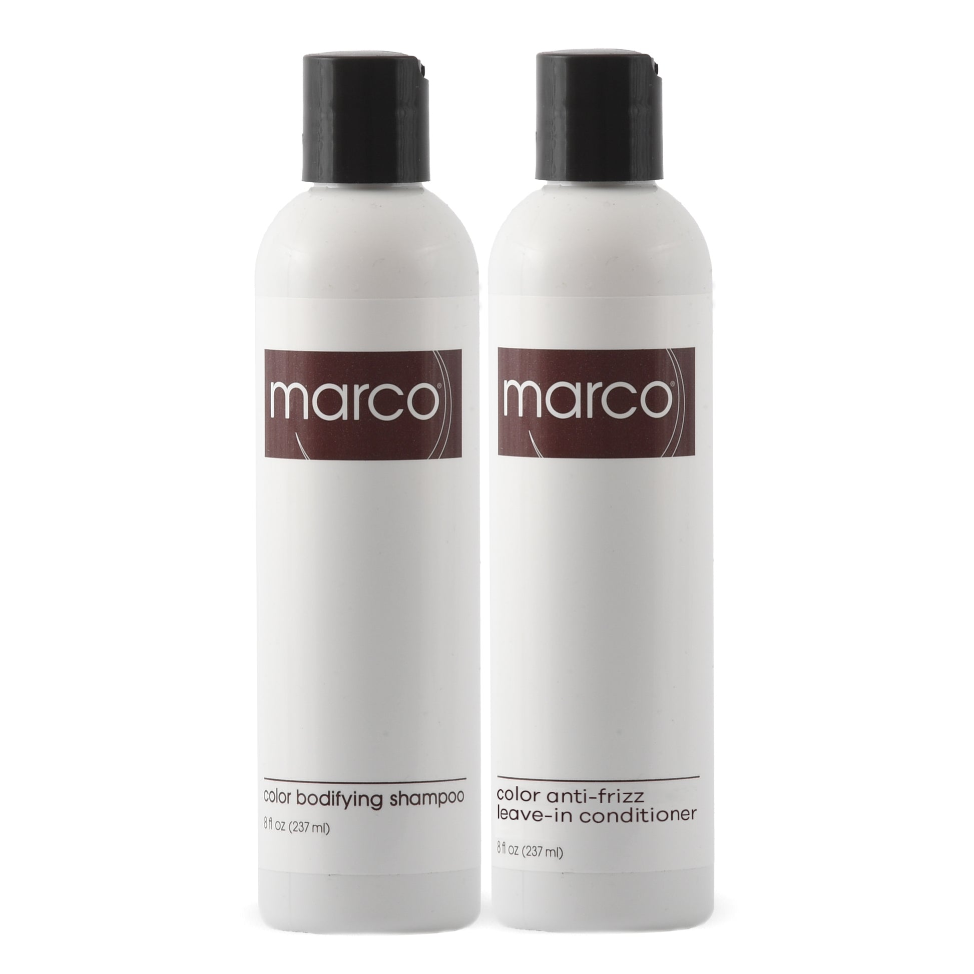 "Marco", two white bottles of Marco hair product, color bodifying shampoo and anti-frizz leave-in conditioner