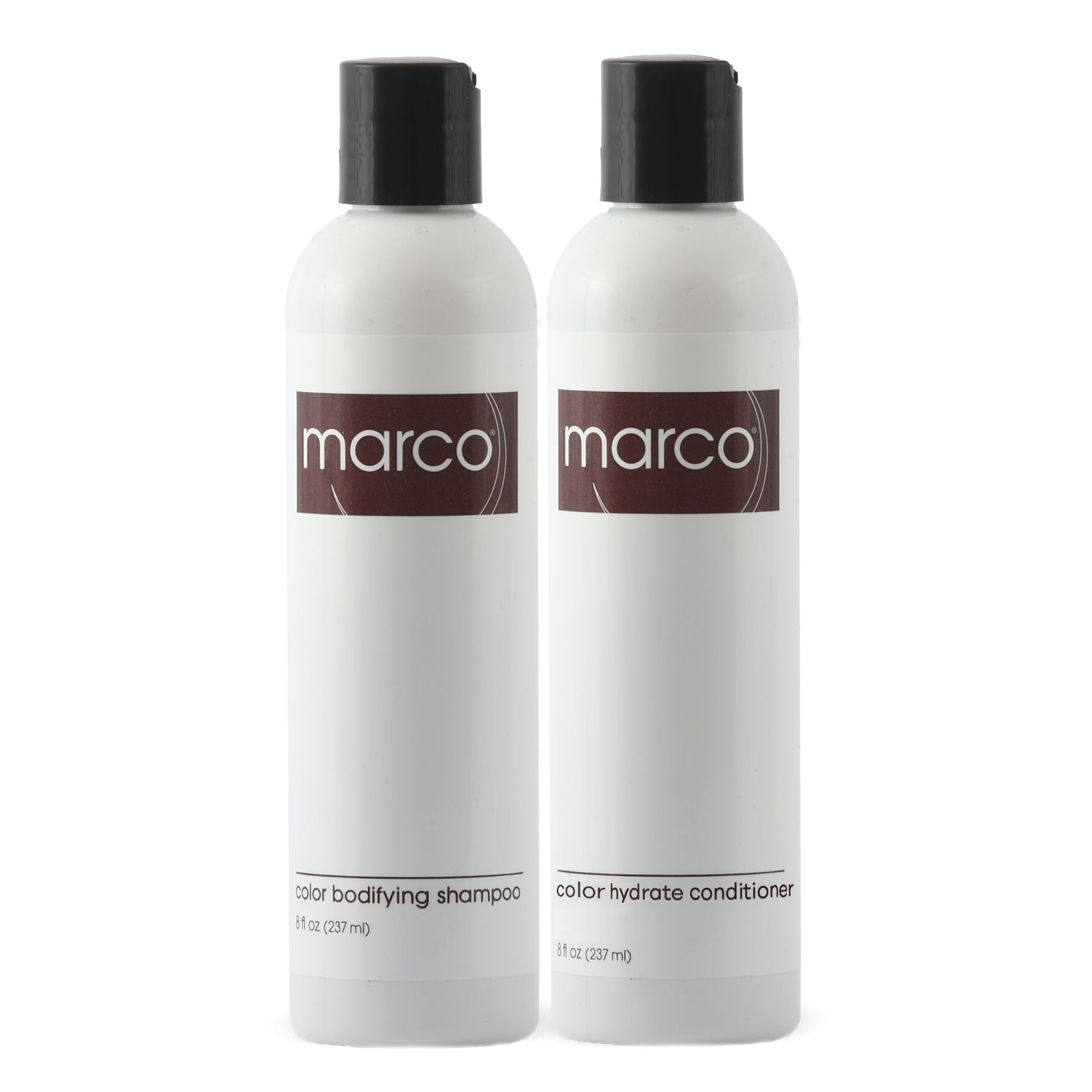 Marco color bodifying shampoo and color hydrate conditioner, white bottles with rich brown logo