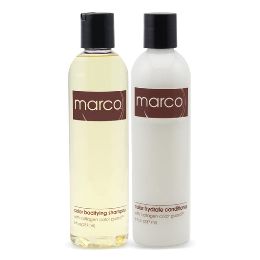 Two bottles, Marco color bodifying shampoo and hydrate conditioner with collagen color guard
