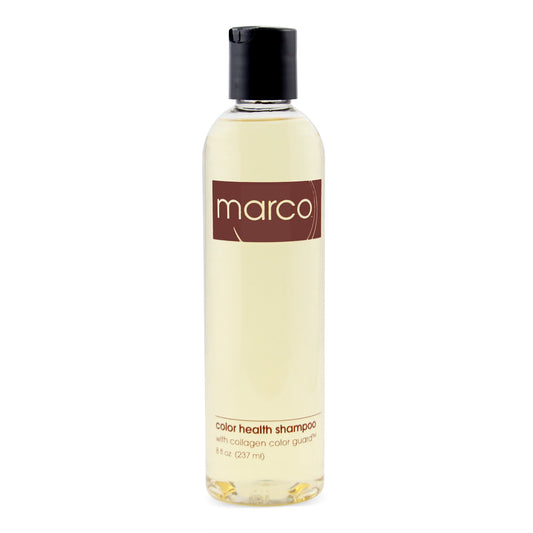 Clear bottle, translucent gold product, “marco, color health shampoo, with collagen color guard”