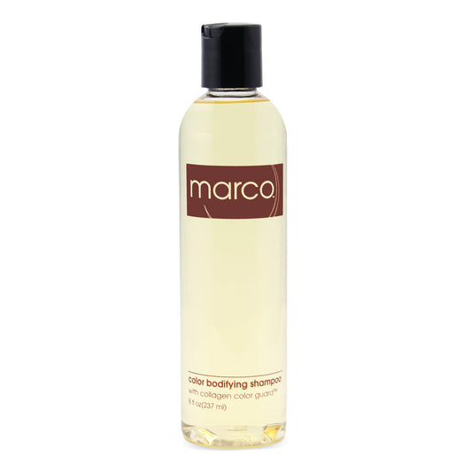 Clear bottle, translucent gold product, “marco, color bodifying shampoo, with collagen color guard”