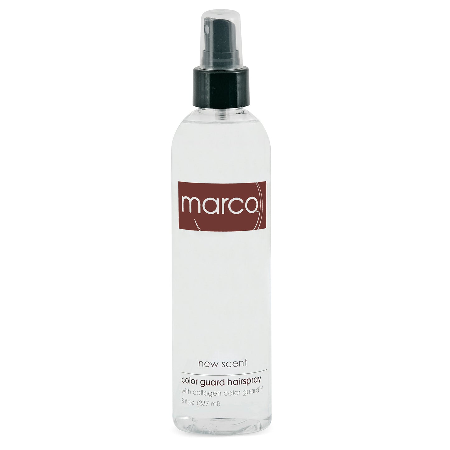 Clear bottle with translucent product, “marco, new scent, color guard hairspray, with collagen color guard”
