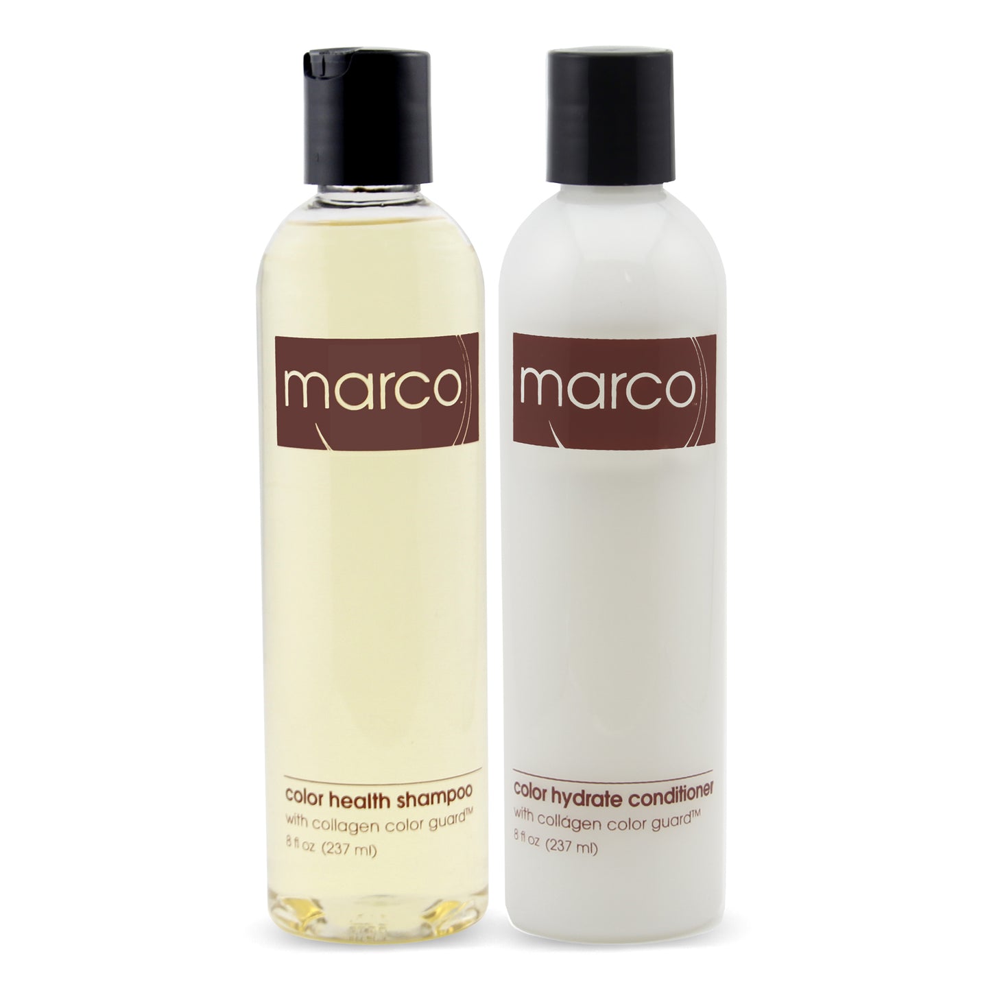 Two bottles, Marco color health shampoo and hydrate conditioner with collagen color guard