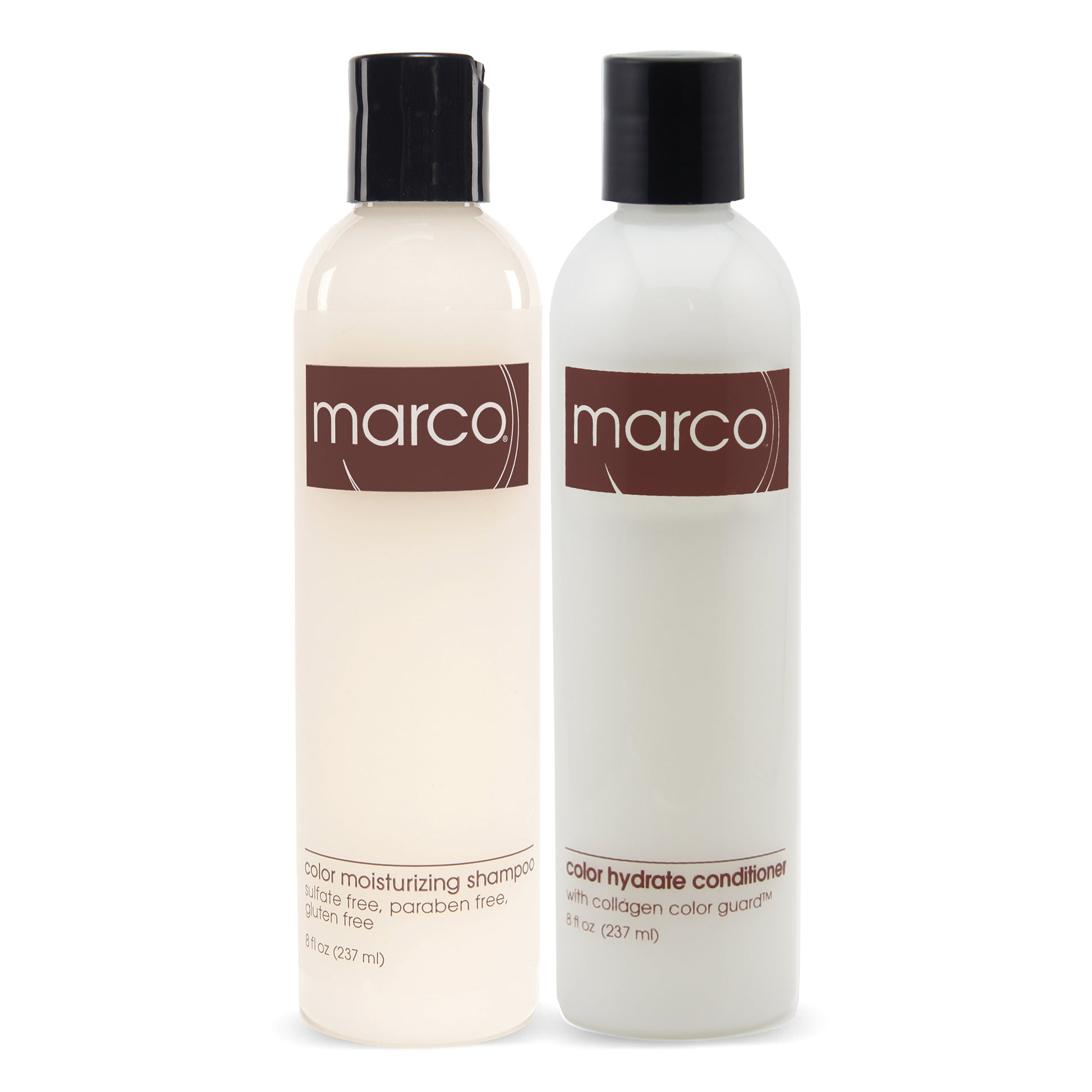 Two Marco bottles, “color moisturizing shampoo” + “color hydrate conditioner”