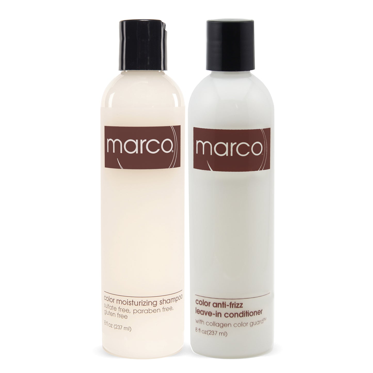 Two Marco bottles, “color moisturizing shampoo” + “color anti-frizz leave-in conditioner”
