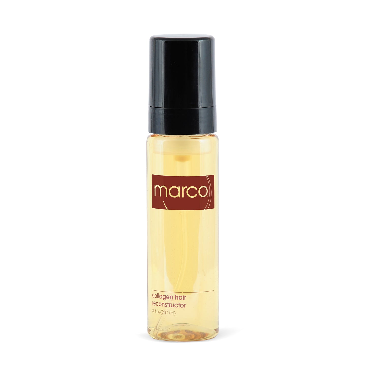 Clear bottle, translucent amber product, “marco, collagen hair reconstructor”