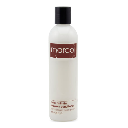 transparent bottle, milky white product, “marco, color anti-frizz, leave-in conditioner, with collagen color guard”