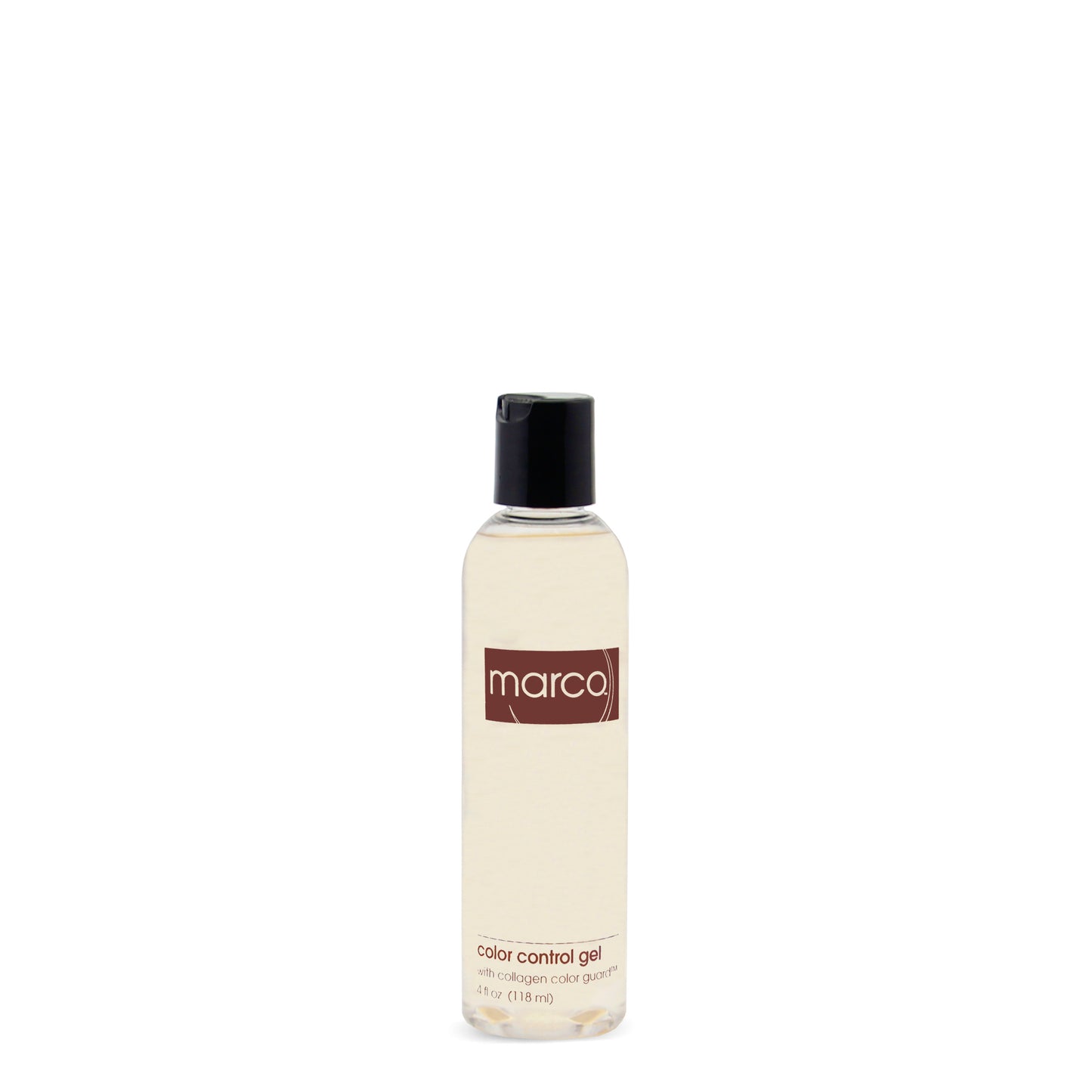 Clear bottle with translucent product, “marco, color control gel, with collagen color guard”