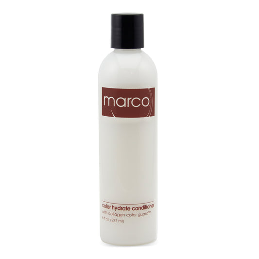 Clear bottle, milky white product, “marco, color hydrate conditioner, with collagen color guard”