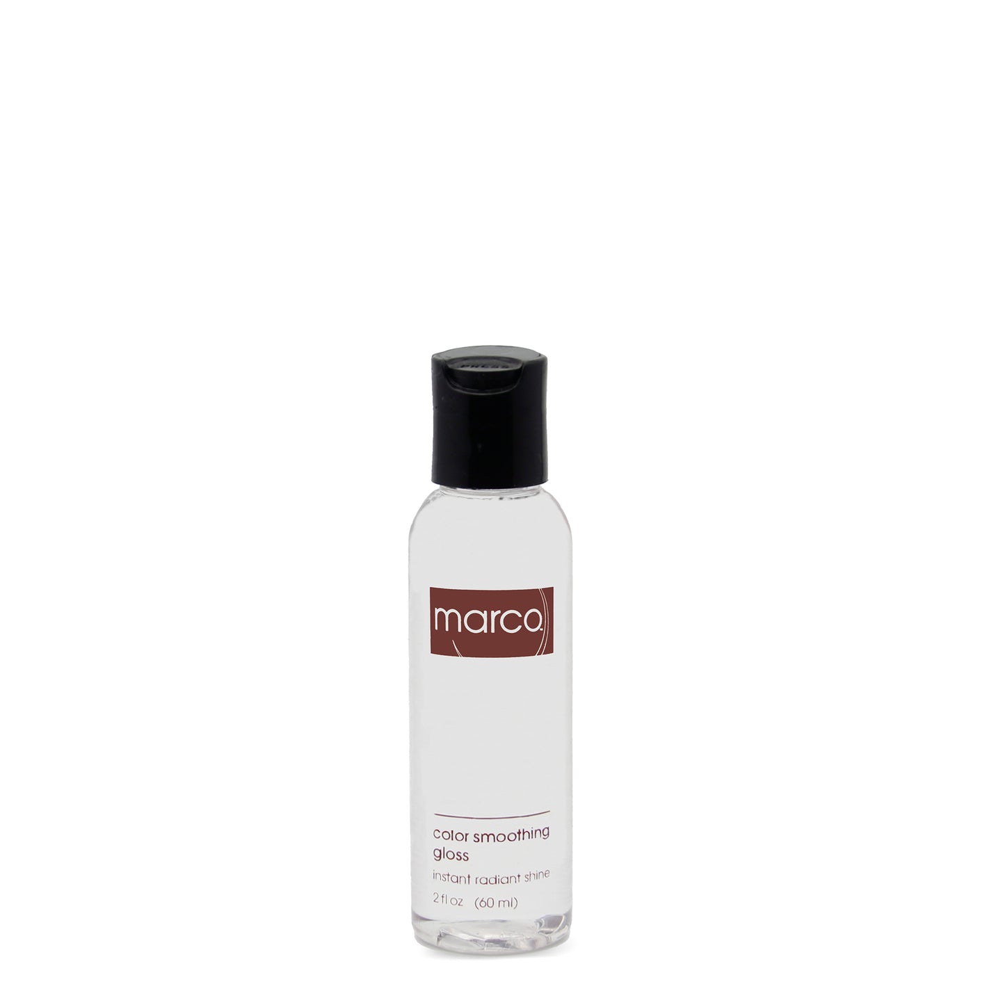 Clear bottle with translucent product, “marco, color smoothing gloss, instant radiant shine”