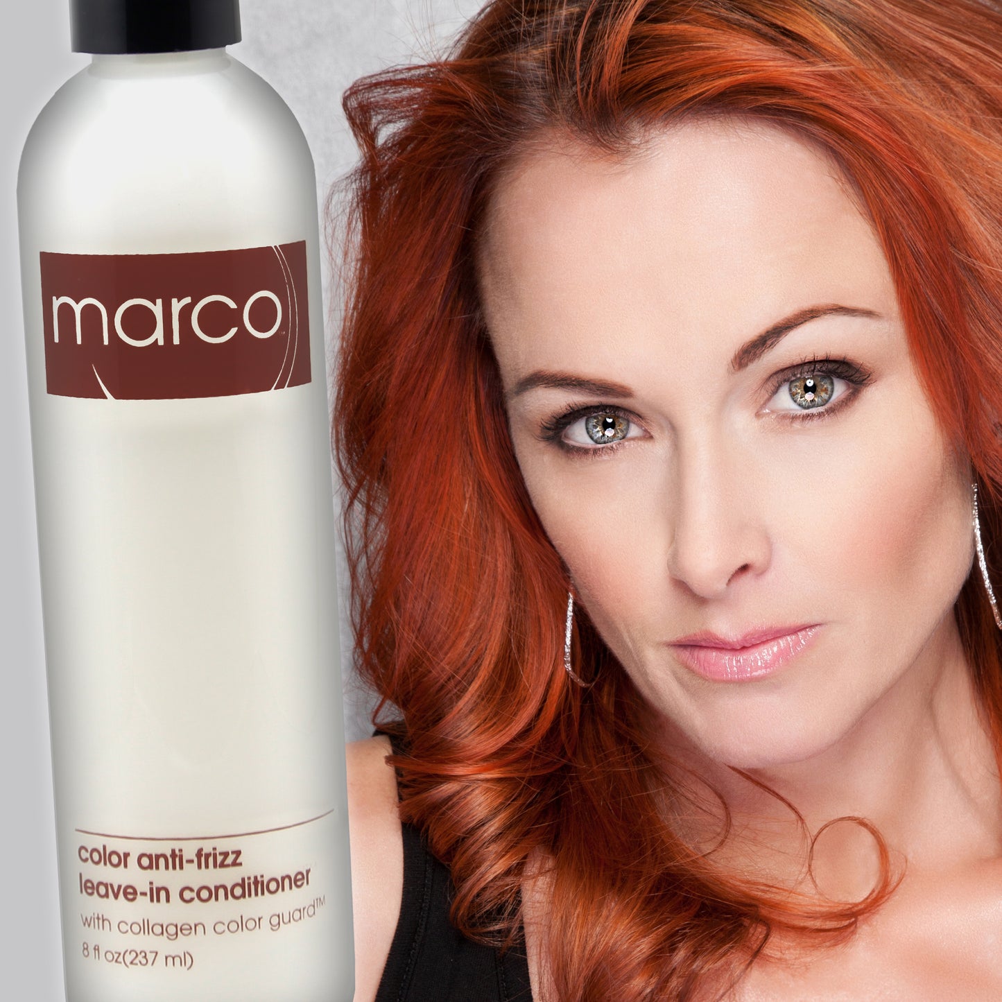 Sultry model with healthy vibrant red colored hair next to bottle of Marco anti-frizz leave-in conditioner