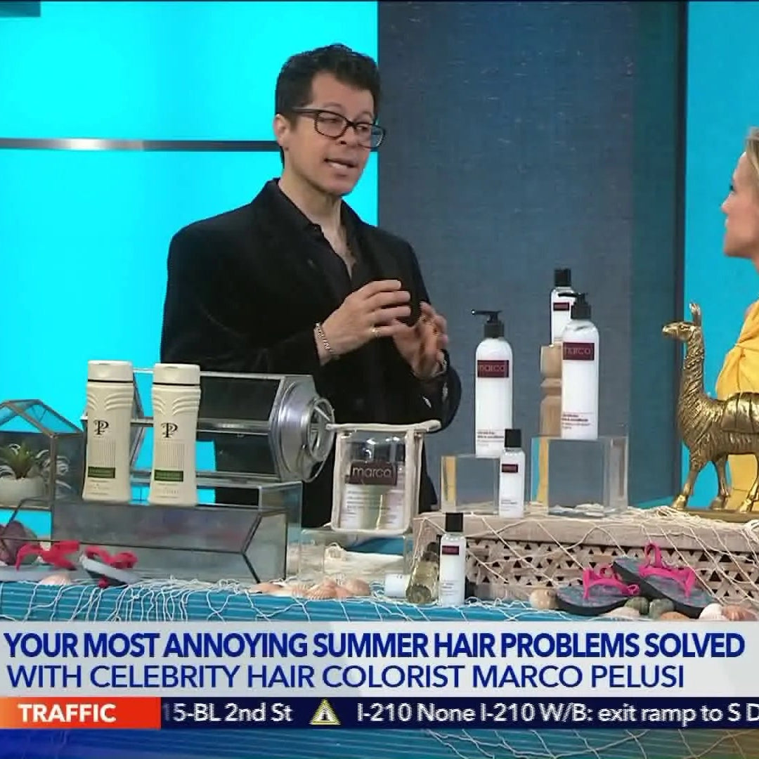 KTLA TV news segment with a hair colorist Marco Pelusi discussing summer hair problems on a set with products and a blue background.