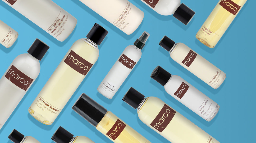 Promo, blue backdrop, Marco haircare bottles symmetrically arranged