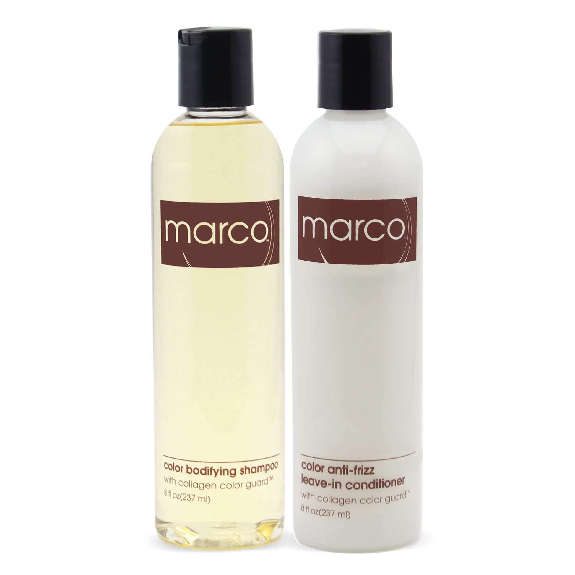 Two bottles, Marco color bodifying shampoo and anti-frizz leave-in conditioner with collagen color guard