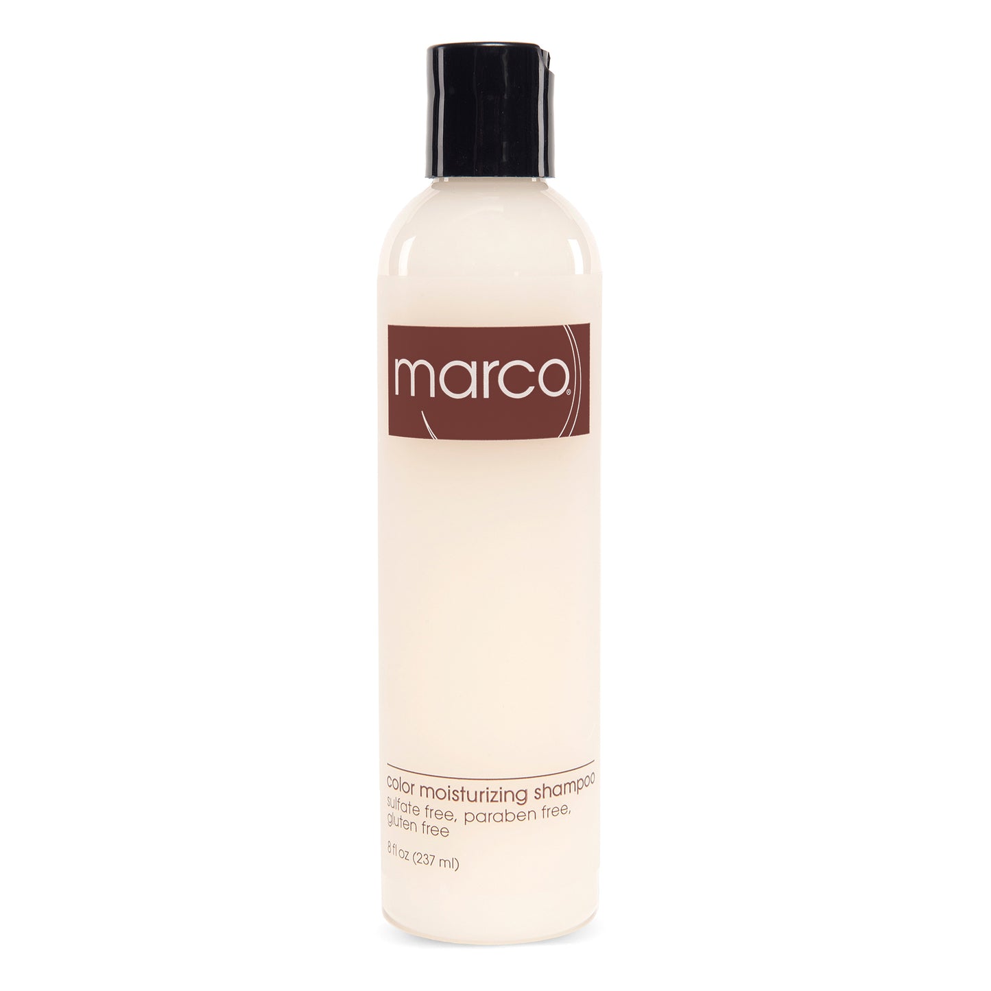 Clear bottle, translucent white product, “marco, color moisturizing shampoo, sulfate free, paraben free, gluten free”