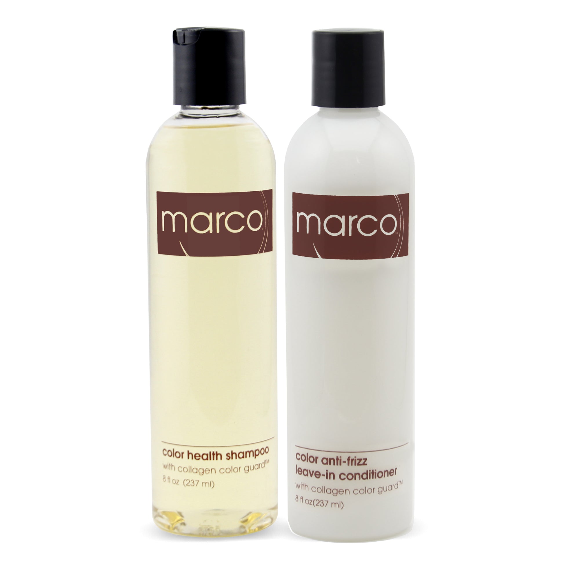 Two bottles, Marco color health shampoo and anti-frizz leave-in conditioner with collagen color guard