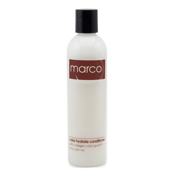 Clear bottle, milky white product, “marco, color hydrate conditioner, with collagen color guard”